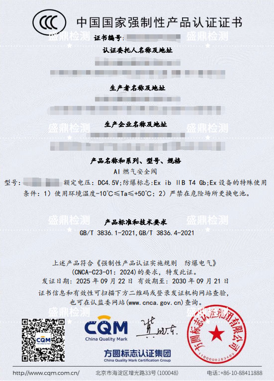 Al 燃?xì)獍踩y防爆3C認(rèn)證案例